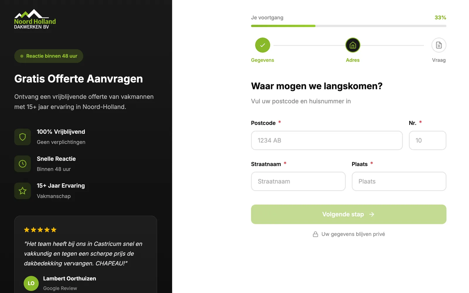 Het aanvraagformulier van NH Dakwerken met een voortgangsbalk in drie stappen