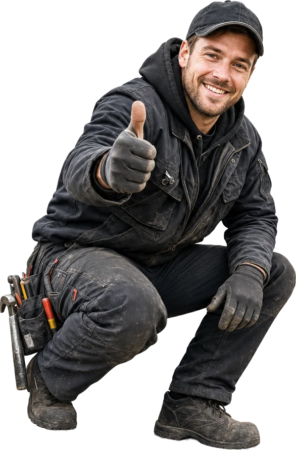 Dakdekker die zijn duim omhoog steekt