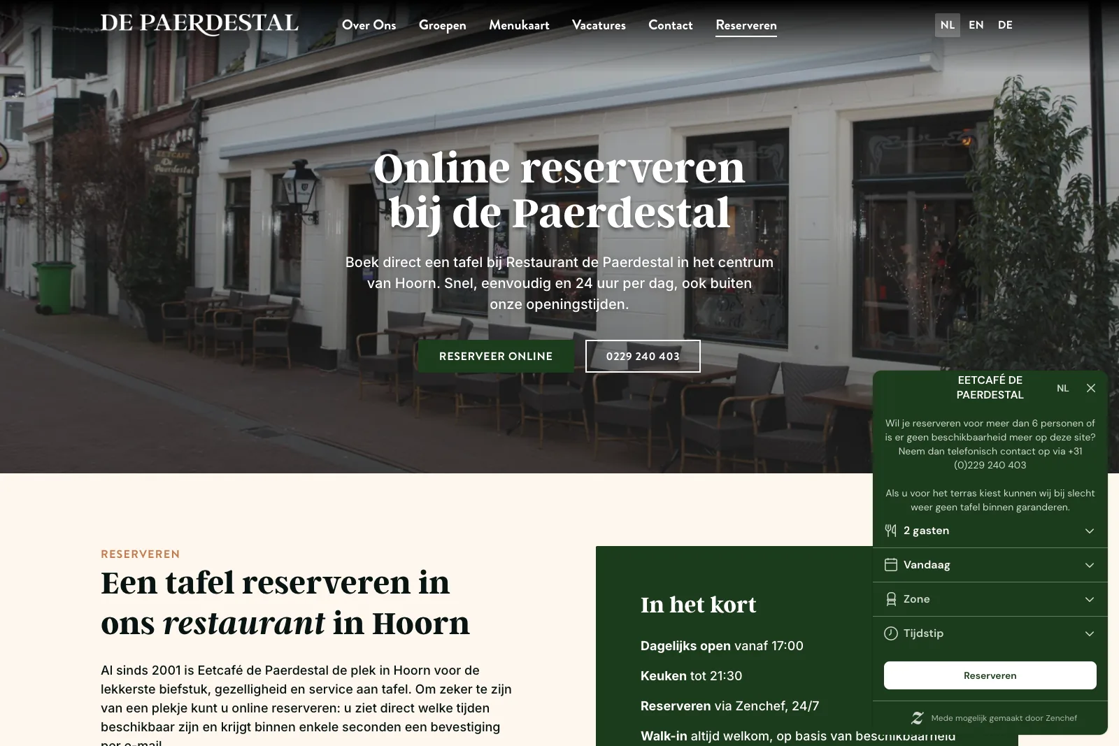 De reserveringspagina van Eetcafé de Paerdestal met het online reserveringssysteem