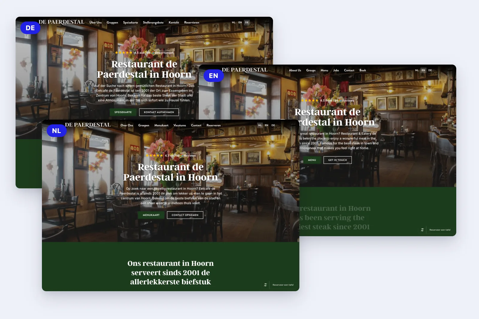 De website van Eetcafé de Paerdestal in het Nederlands, Engels en Duits
